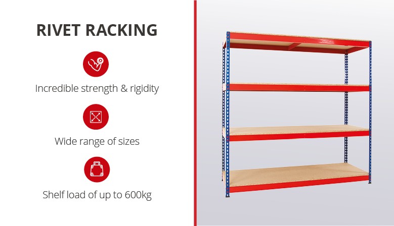 Rivet Racking offers incredible strength and shelf load of up to 600kg